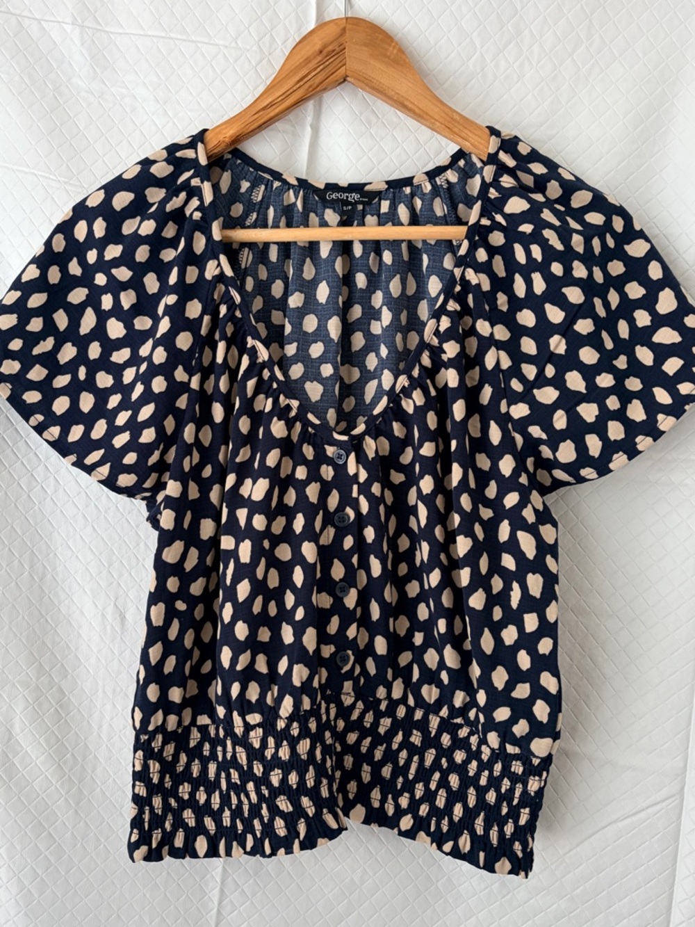 George Navy and Beige Dot-Print Button Front Blouse